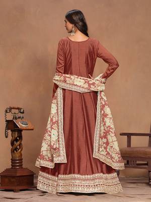 Brown art silk graceful anarkali dress with beautiful print and elegant embroidery work 2