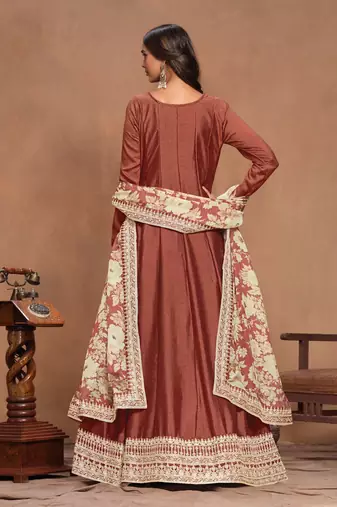 Brown art silk graceful anarkali dress with beautiful print and elegant embroidery work