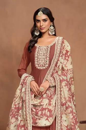 Brown art silk graceful anarkali dress with beautiful print and elegant embroidery work