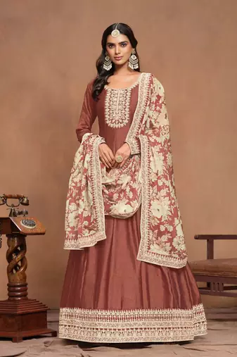 Brown art silk graceful anarkali dress with beautiful print and elegant embroidery work