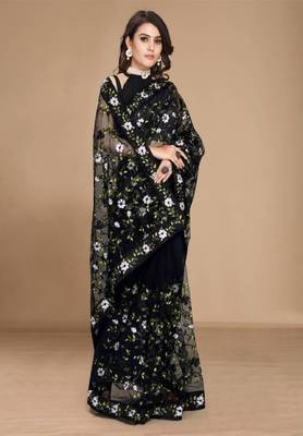Soft net floral embroidered saree with embroidered border with blouse 3