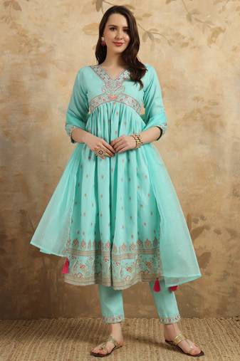 Sky blue rayon slub festive wear readymade suits with designer foil printed