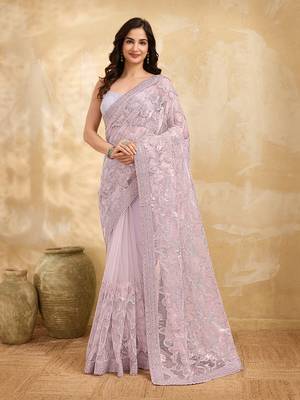Trendmalls Rose Pink Festive Net Embroidery Sequins Work Saree  1