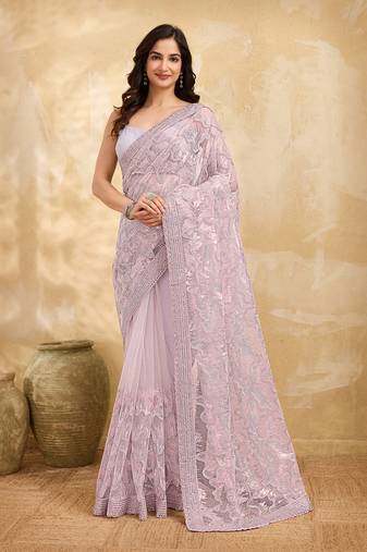 Trendmalls Rose Pink Festive Net Embroidery Sequins Work Saree 