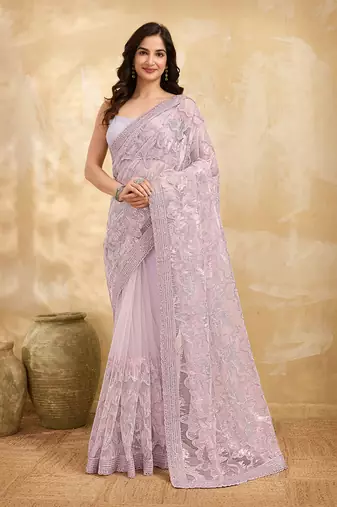 Trendmalls Rose Pink Festive Net Embroidery Sequins Work Saree 
