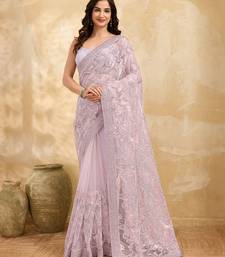 Trendmalls Rose Pink Festive Net Embroidery Sequins Work Saree 