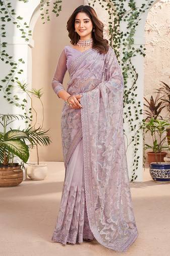 Rose Pink Festive Net Embroidery Sequins Work Saree 