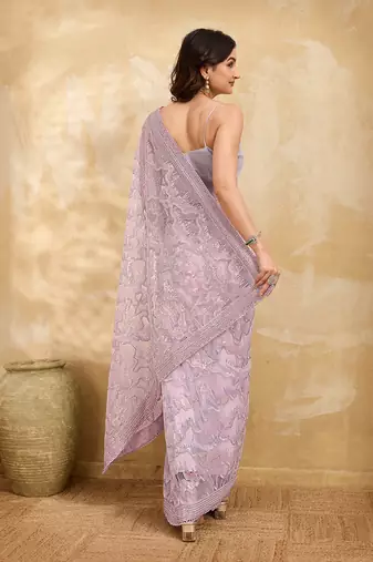 Trendmalls Rose Pink Festive Net Embroidery Sequins Work Saree 