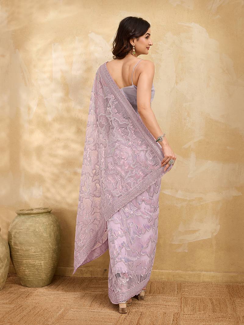 Trendmalls Rose Pink Festive Net Embroidery Sequins Work Saree 