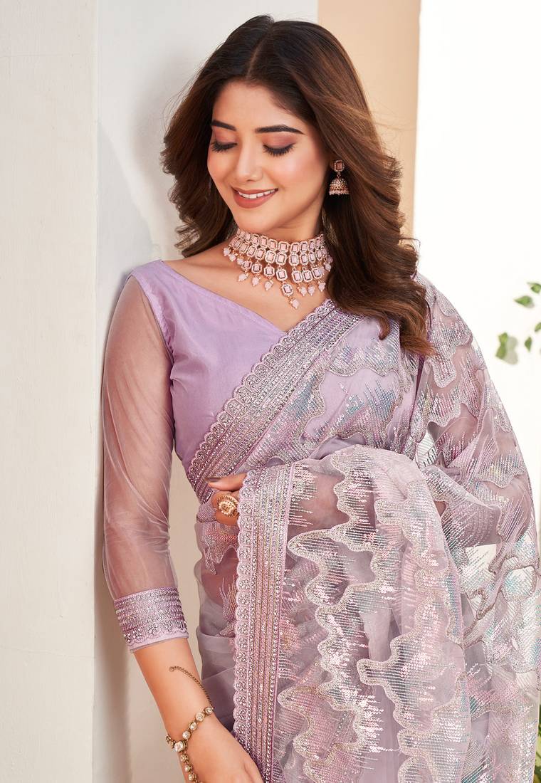 Rose Pink Festive Net Embroidery Sequins Work Saree 
