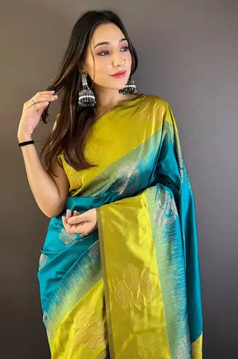Sea Green Soft silk blend Woven zari Ethnic Graceful Partywear Traditional Partywear Saree
