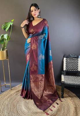 Blue Soft silk blend Woven zari Ethnic Graceful Partywear Traditional Partywear Saree 1