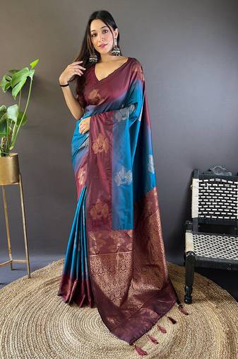 Blue Soft Silk Woven Jari Designer Ethnic Graceful Partywear Traditional Partywear Saree