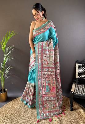 Sea Green tussar silk blend Woven Border Saree With Digital Madhubani Printed Graceful Festive Saree 1