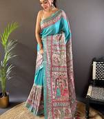 Sea Green tussar silk blend Woven Border Designer Saree With Digital Madhubani Printed Graceful Festive Saree