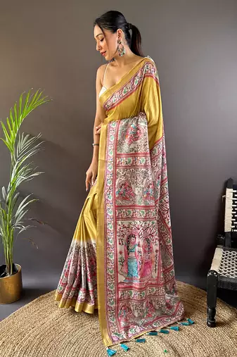 Gold tussar silk blend Woven Border Saree With Digital Madhubani Printed Graceful Festive Saree