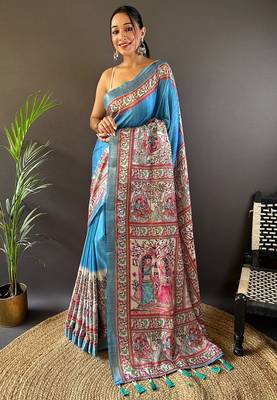 Blue tussar silk blend Woven Border Saree With Digital Madhubani Printed Graceful Festive Saree 1