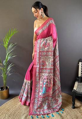 Pink tussar silk blend Woven Border Saree With Digital Madhubani Printed Graceful Festive Saree 2