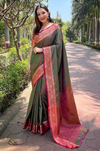 Green Silk Woven Kashmiri Designer Ethnic And Graceful Partywear Traditional Ceremonial Saree