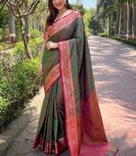 Green Silk Woven Kashmiri Ethnic And Graceful Partywear Traditional Ceremonial Saree