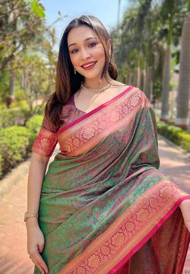 Green silk blend Woven Kashmiri Ethnic And Graceful Partywear Traditional Ceremonial Saree 3