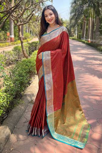 Red Silk Woven Kashmiri Designer Ethnic And Graceful Partywear Traditional Ceremonial Saree