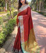 Red Silk Woven Kashmiri Ethnic And Graceful Partywear Traditional Ceremonial Saree