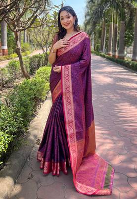 Voilet silk blend Woven Kashmiri Ethnic And Graceful Partywear Traditional Ceremonial Saree 1