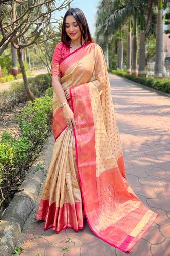 Chiku Tissue Silk Woven Designer Graceful Girlie Partywear Traditional Saree For Festive Season