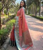 Peach Tissue Silk Woven Designer Graceful Girlie Partywear Traditional Saree For Festive Season
