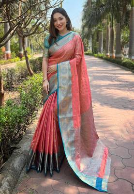 Peach Tissue silk blend Woven Graceful Girlie Partywear Traditional Saree Festive Season 2
