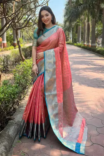 Peach Tissue silk blend Woven Graceful Girlie Partywear Traditional Saree Festive Season