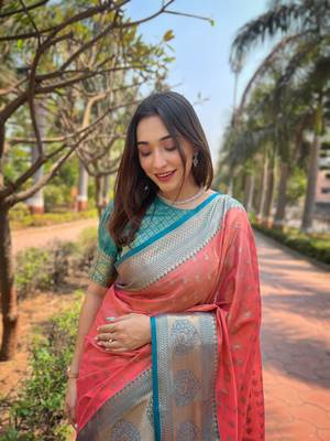 Peach Tissue silk blend Woven Graceful Girlie Partywear Traditional Saree Festive Season 3