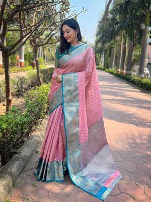 Pink Tissue silk blend Woven Graceful Girlie Partywear Traditional Saree Festive Season 1