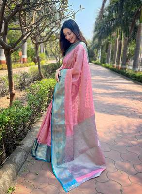Pink Tissue silk blend Woven Graceful Girlie Partywear Traditional Saree Festive Season 2