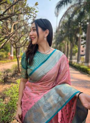 Pink Tissue silk blend Woven Graceful Girlie Partywear Traditional Saree Festive Season 3