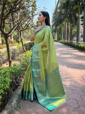 Pista Tissue Silk Woven Graceful Girlie Partywear Traditional Saree For Festive Season 2