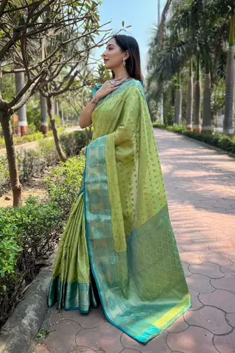 Pista Tissue silk blend Woven Graceful Girlie Partywear Traditional Saree Festive Season