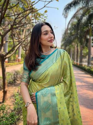 Pista Tissue Silk Woven Graceful Girlie Partywear Traditional Saree For Festive Season 3