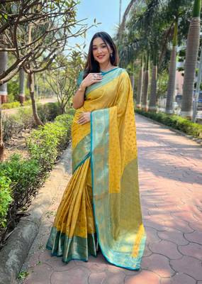 Yellow Tissue silk blend Woven Graceful Girlie Partywear Traditional Saree Festive Season 1