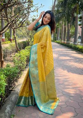 Yellow Tissue silk blend Woven Graceful Girlie Partywear Traditional Saree Festive Season 2