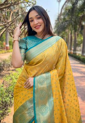 Yellow Tissue silk blend Woven Graceful Girlie Partywear Traditional Saree Festive Season 3