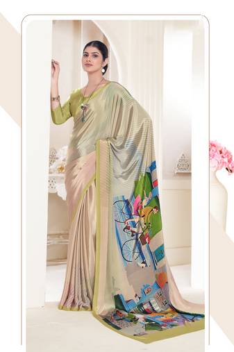 Cream Crepe Soft Silk Designer Digital Printed Graceful Festive Wear Sober Classy Looks Saree