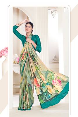 Green Crepe Soft Silk Designer Digital Printed Girlie Fashion Looks Classy Partywear Saree 1
