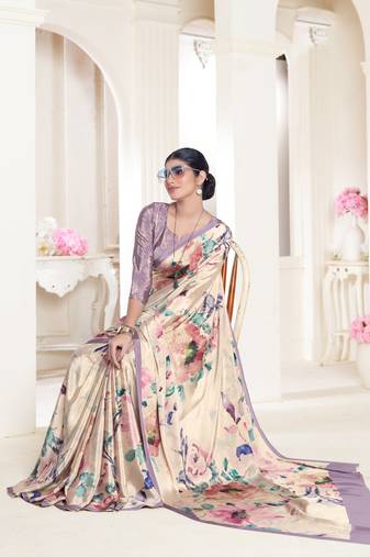 Beige Crepe Soft Silk Designer Digital Printed Girlie Fashion Looks Classy Partywear Saree