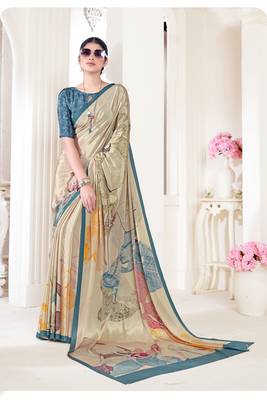 Beige Crepe Soft Silk Designer Digital Printed Girlie Fashion Looks Classy Partywear Saree 1