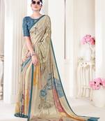 Beige Crepe Soft Silk Designer Digital Printed Girlie Fashion Looks Classy Partywear Saree