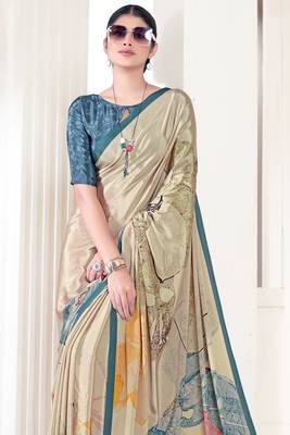 Beige Crepe Soft Silk Designer Digital Printed Girlie Fashion Looks Classy Partywear Saree 2