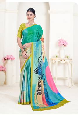 Blue Crepe Soft Silk Designer Digital Printed Girlie Fashion Looks Classy Partywear Saree 1