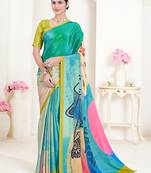 Blue Crepe Soft Silk Designer Digital Printed Girlie Fashion Looks Classy Partywear Saree